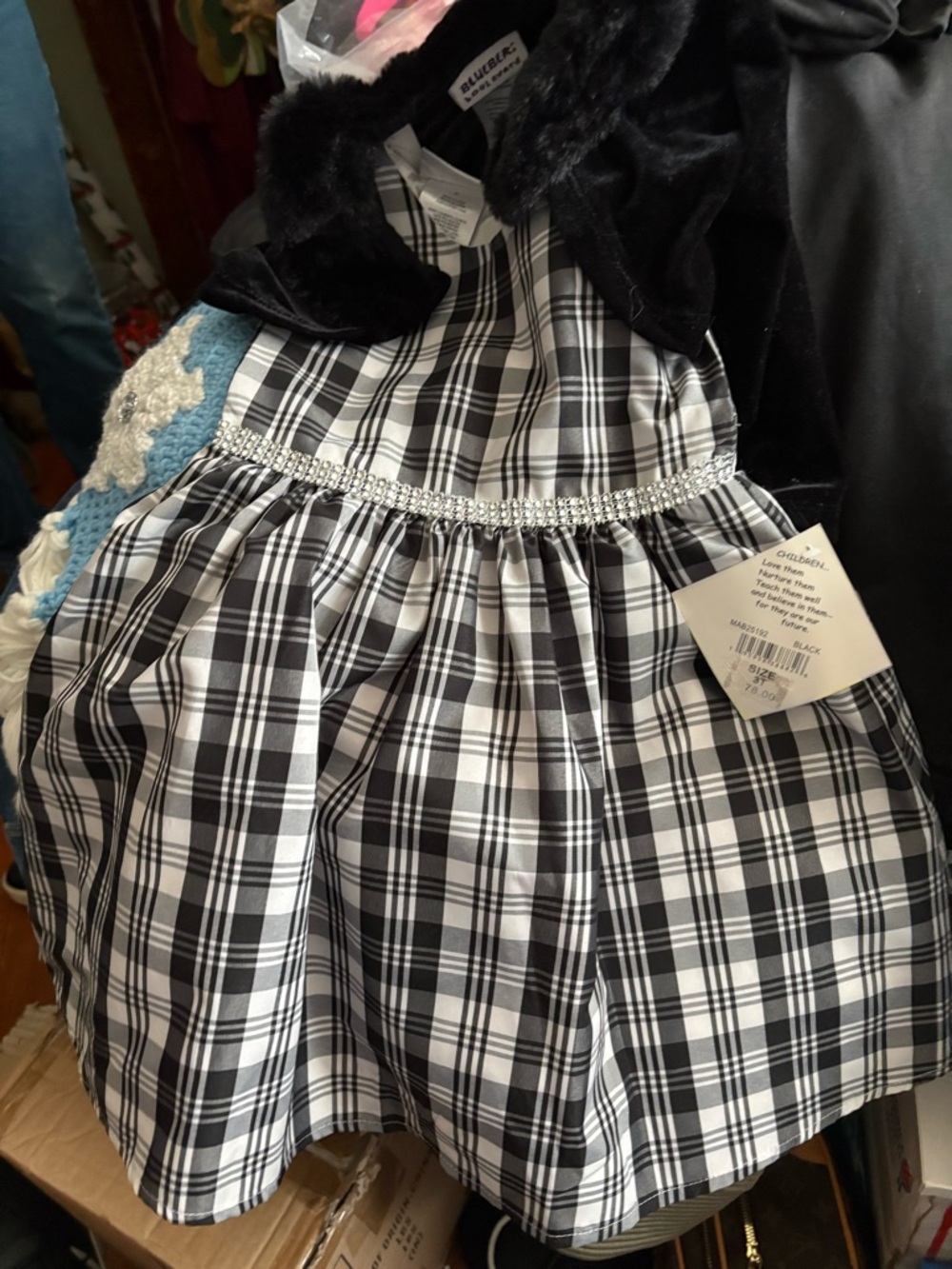 Black & White Plaid Girls Dress with Rhinestone Waist